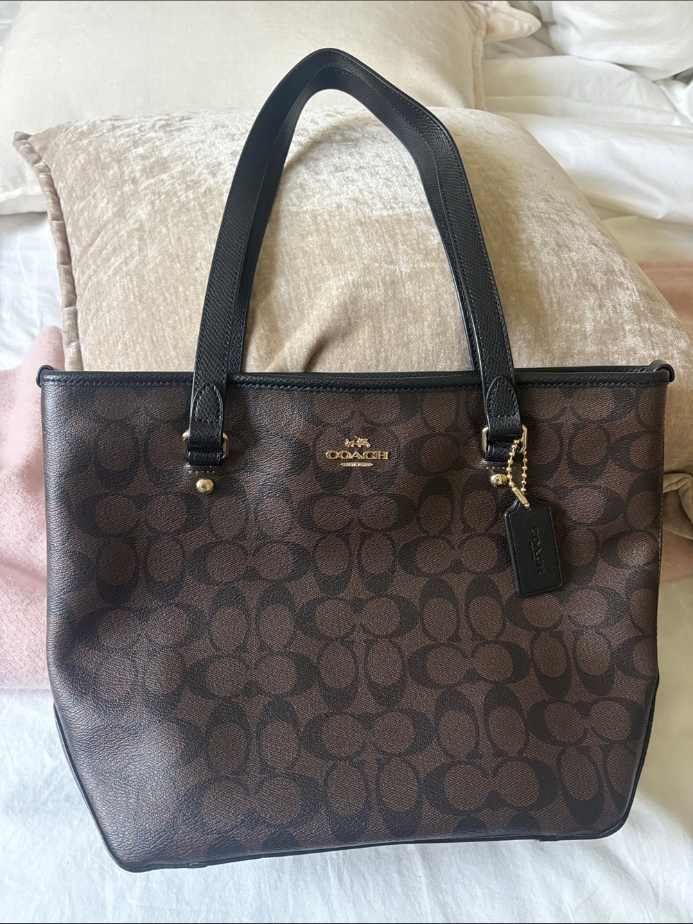 Coach Brown Signature Canvas Tote with Black Leather Handles